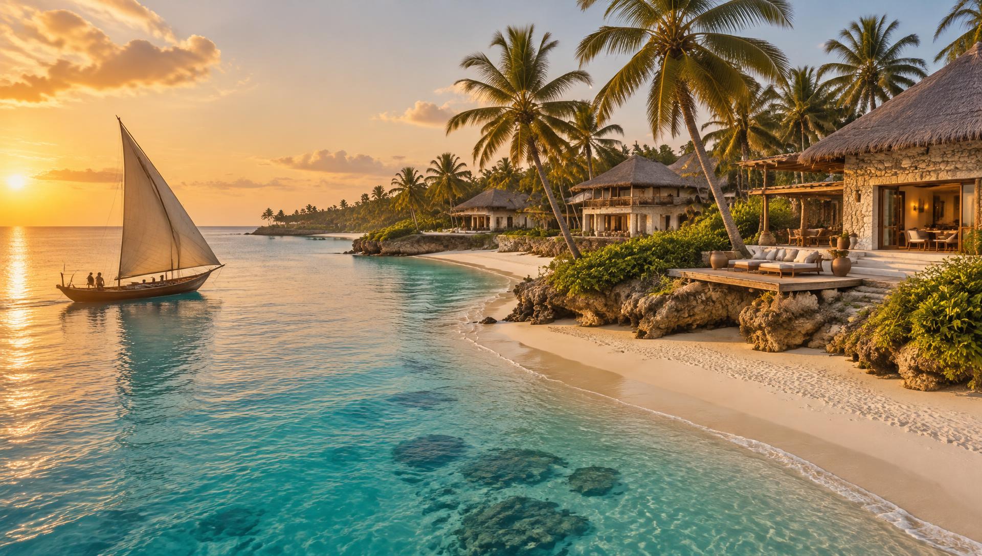 Illustrative Zanzibar coastline at sunset with a dhow and coral-stone homes among palms